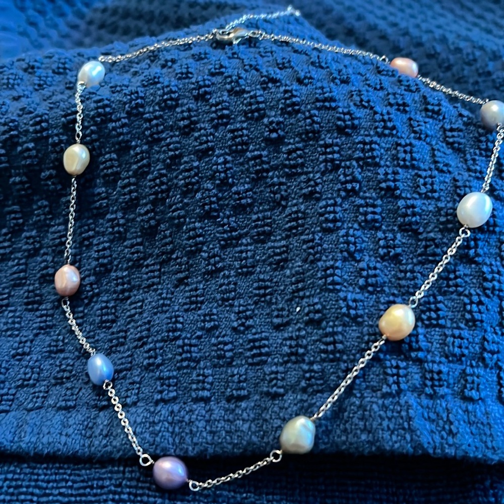 Necklace, Girls pink white blue pearls on silver tone, extender, lobster claw